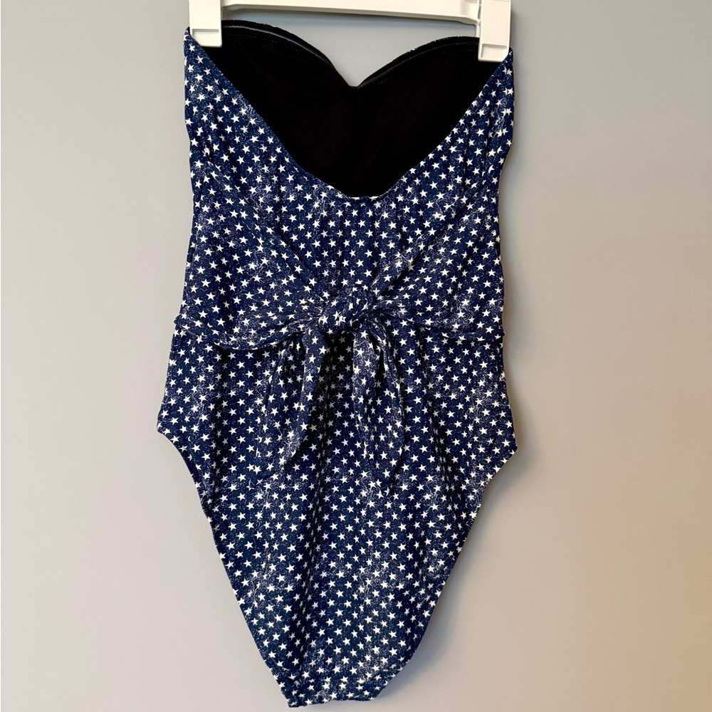 WeWoreWhat One Piece Distressed Navy Star Print Strapless Swim Suit Americana - Picture 5 of 15
